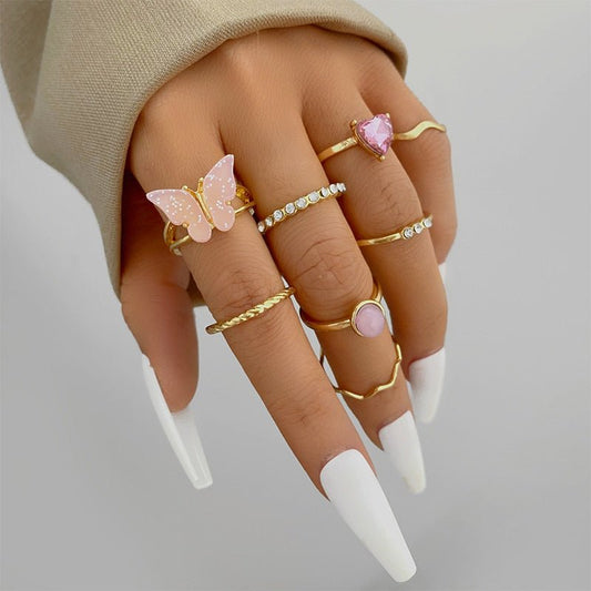 Pink Butterfly Heart Wave Ring Set